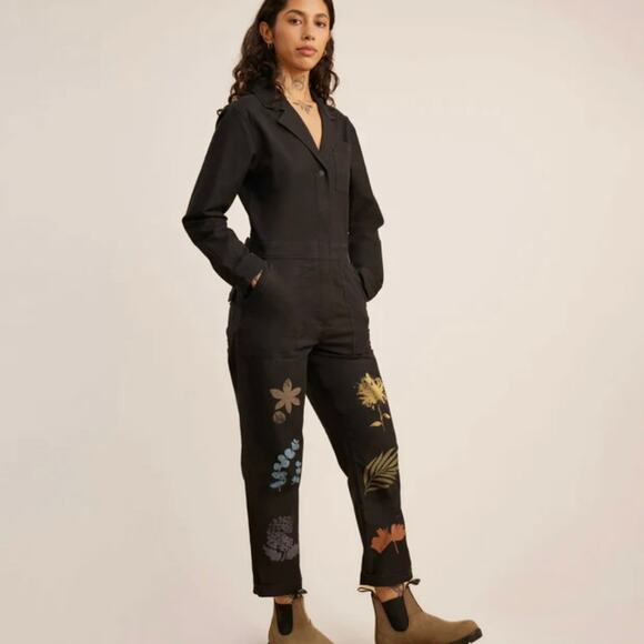 Roark Layover Jumpsuit Zip Front Black Floral Print Utility One Piece Size M - Picture 15 of 16